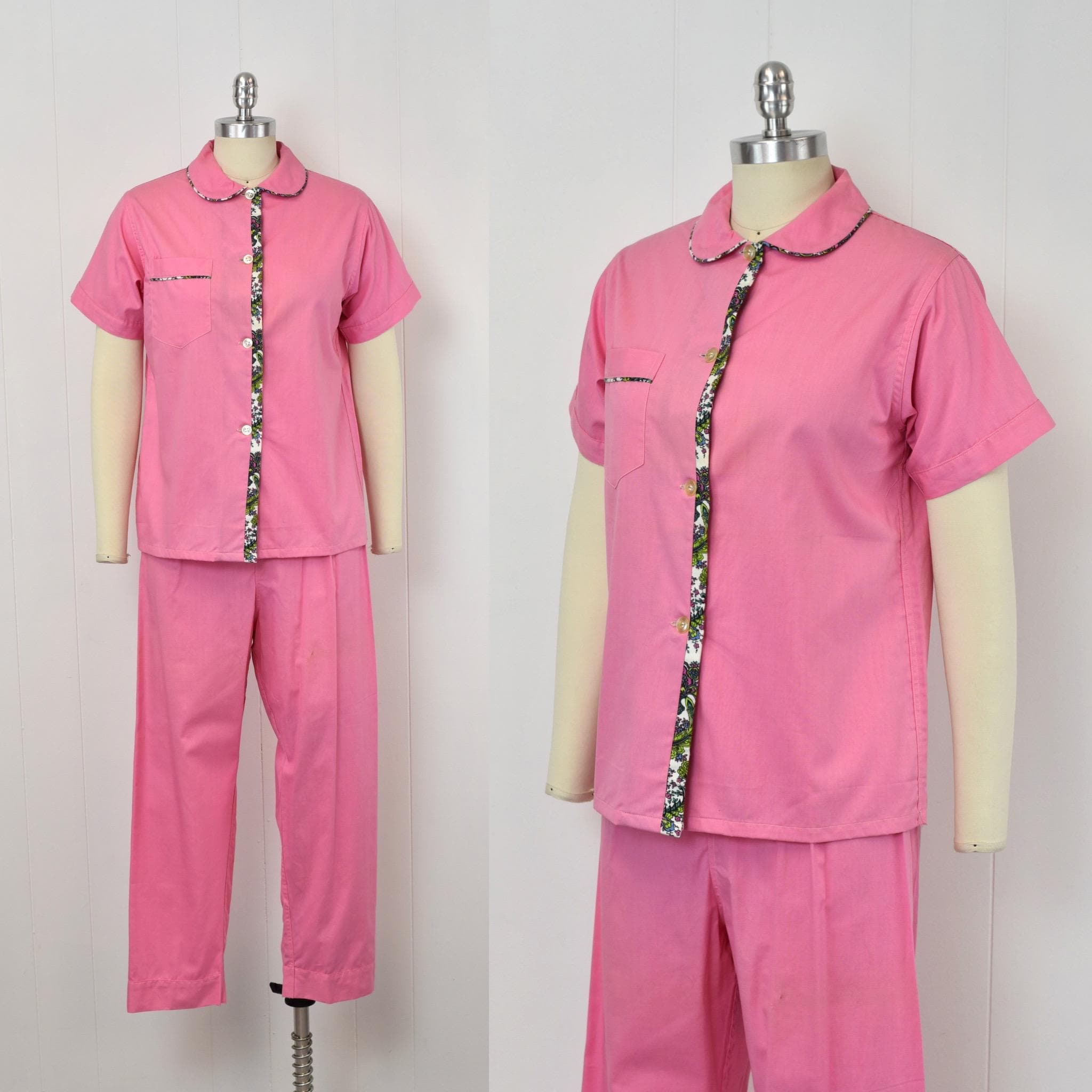 1960s Pink Floral Cotton Lady Berkleigh Shirt Pants Loungewear