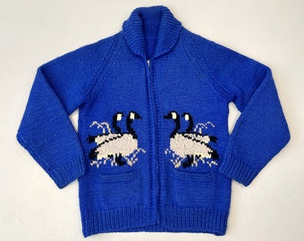 1960s Blue Geese Bird Wool Cowichan Sweater Cardigan Jacket Winter Outerwear