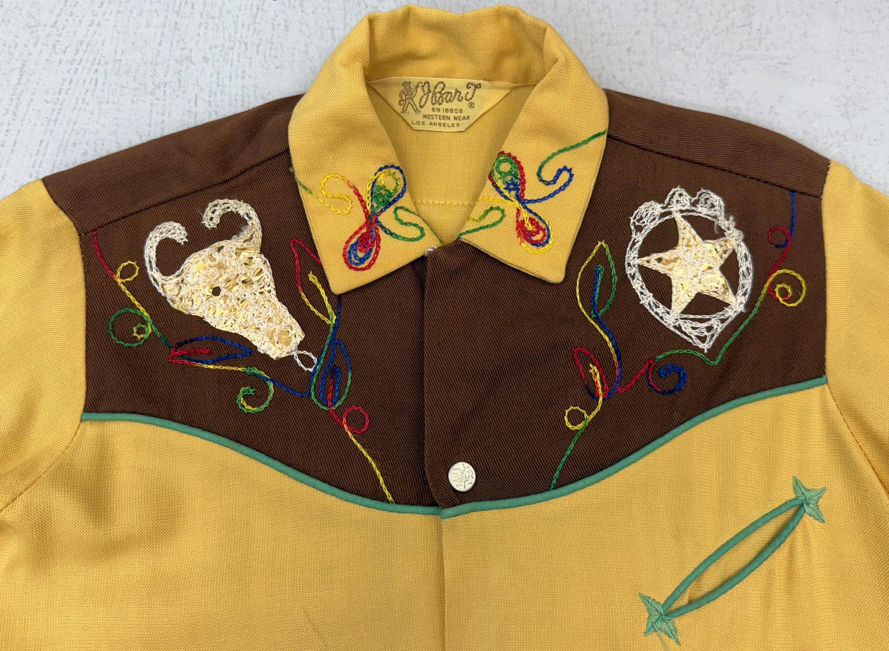 1950s J Bar T Western Wear Cowboy Yellow Brown Steer Skull Star 