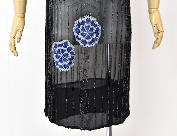 1920s Black Beaded Blue Floral Sheer Flapper Dress - image 3