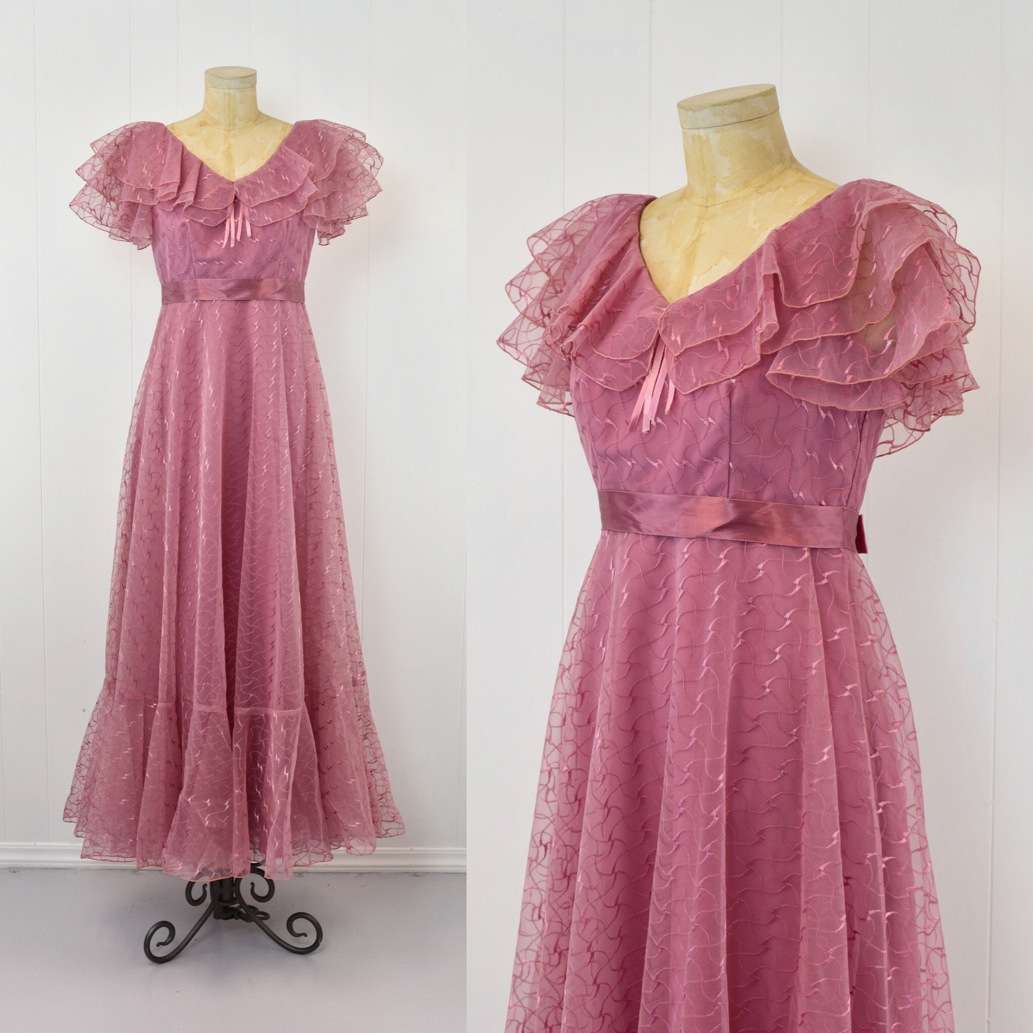 1970s Ruffle Tulle Purple Daphne Rose JC Penney Party Maxi