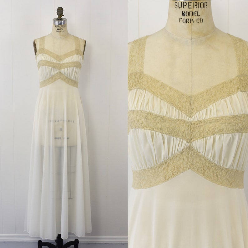 1950s White Nylon & Ecru Lace Nightgown image 1