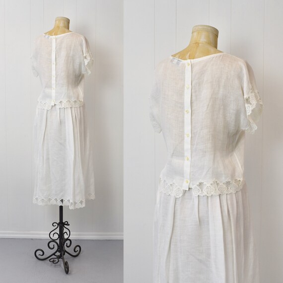 1980s White Floral Lace Trim Nancy Crystal Blouse… - image 7