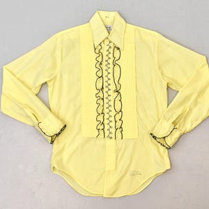 1970s Yellow Black Ruffle Delton New York Long Sleeve Tuxedo Suit Disco Button Down Shirt