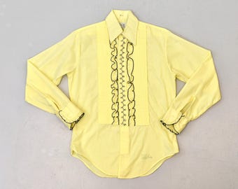 1970s Yellow Black Ruffle Delton New York Long Sleeve Tuxedo Suit Disco Button Down Shirt
