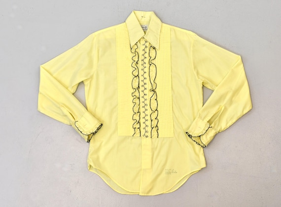 1970s Yellow Black Ruffle Delton New York Long Sleeve Tuxedo Suit 