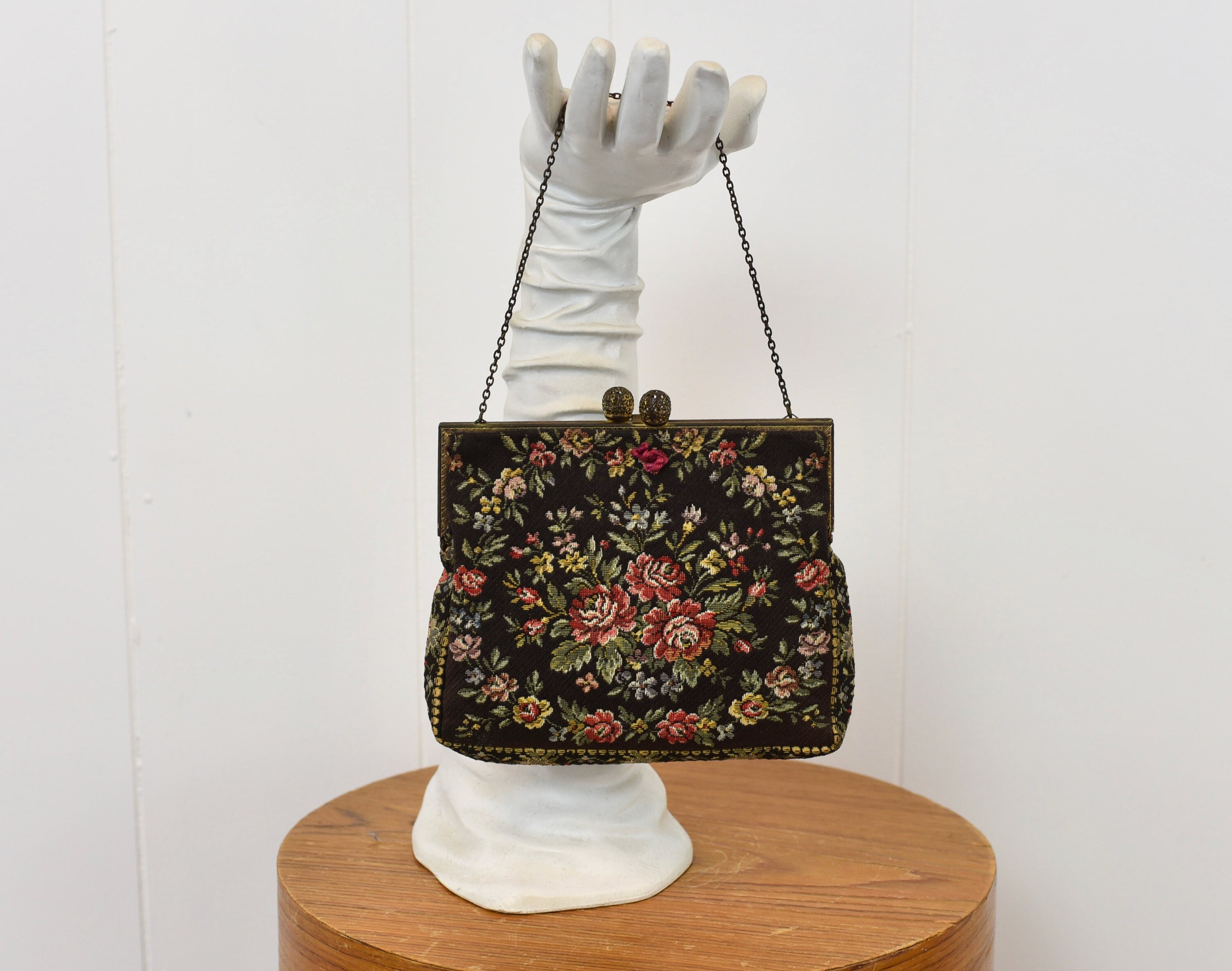 40’s French vintage handbag Vintage 1940s French black suede handbag with a frame