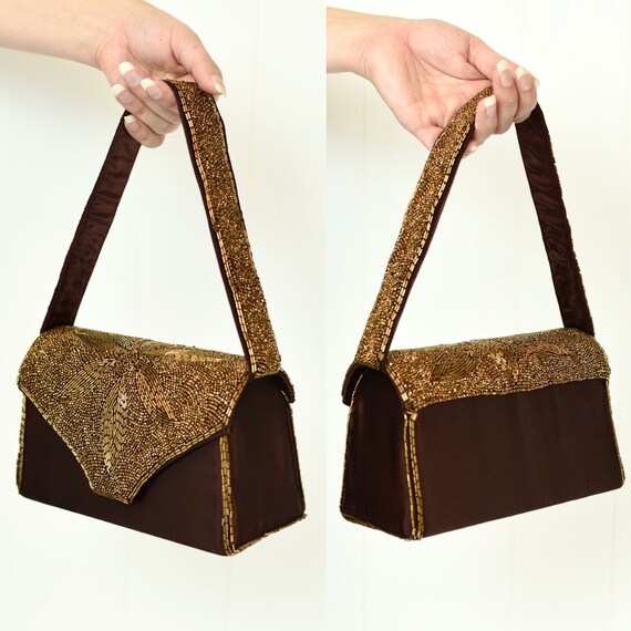 1940s Bronze Brown Beaded Handbag & Belt Set - image 3