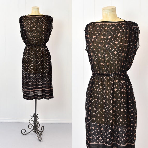 1970s Phyllis Sues Black & Tan Batik Sheer Dress