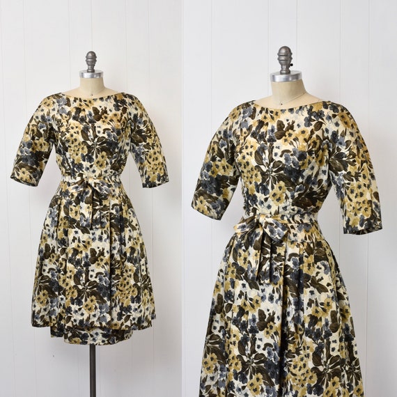 1950s Gold Floral Print Bubble Hem Party Cocktail… - image 1