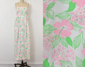 1960s/1970s Lilly Pulitzer Hibiscus Floral Print Pink Green Empire Waist Handmade Maxi Dress Palm Royale