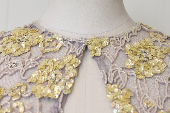 1960s Lavender Floral Lace Yellow Sequin Beaded F… - image 3