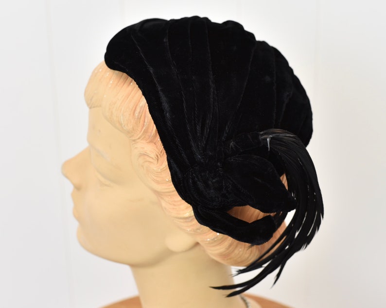 1940s Black Velvet Feathered Hat image 4