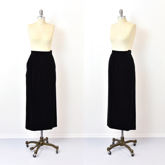 1980s Yves Saint Laurent Black Velvet Skirt with … - image 1