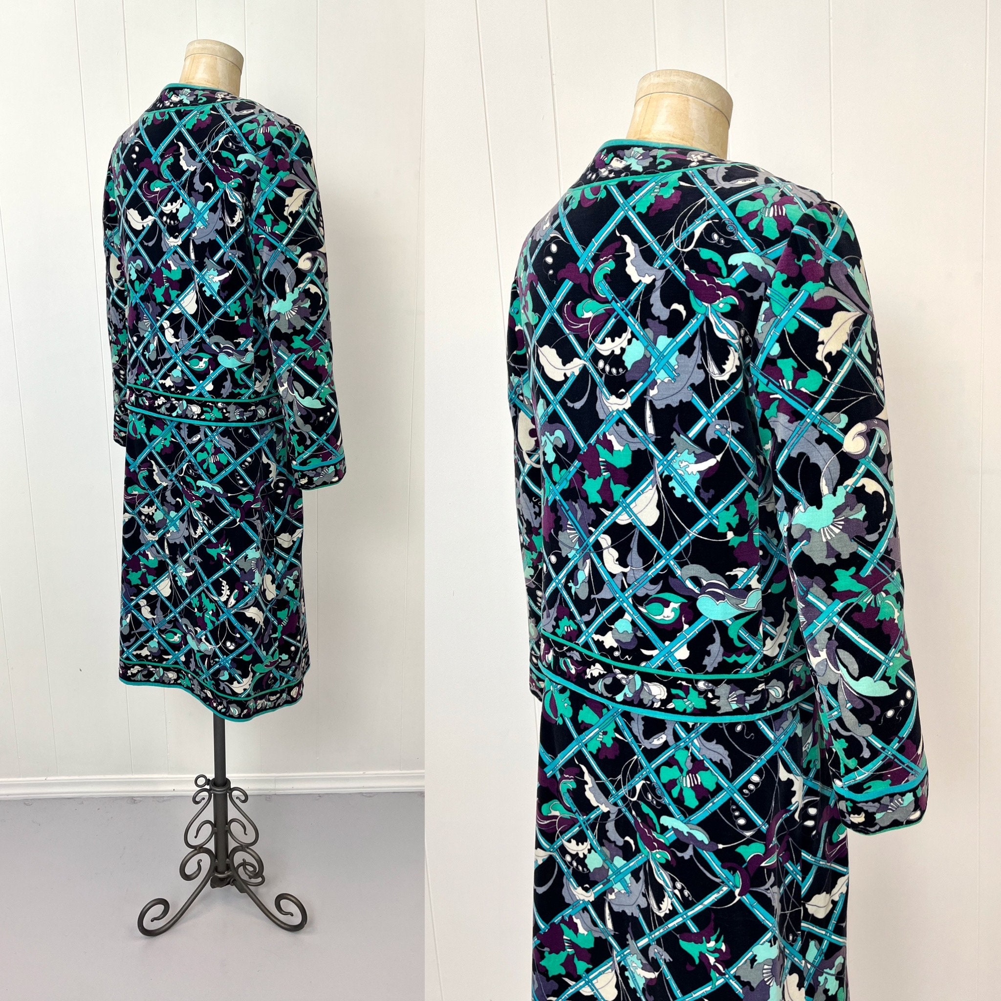 1970s Emilio Pucci Velvet Green Blue Floral Print Two Piece Skirt