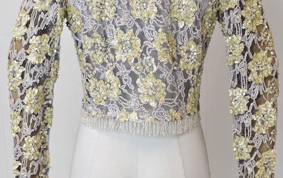 1960s Lavender Floral Lace Yellow Sequin Beaded F… - image 8