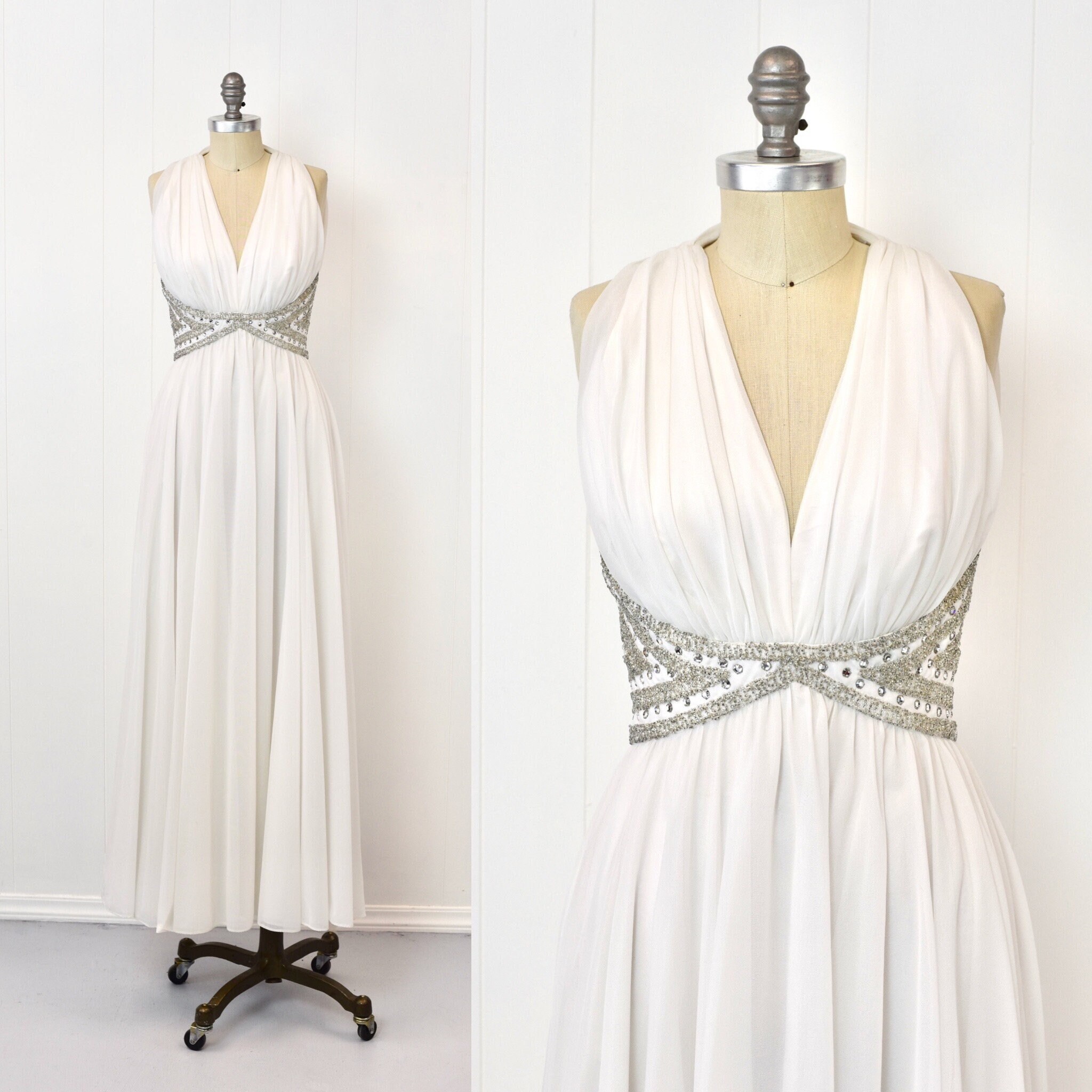 1970s Mike Benet White Rhinestone Beaded Chiffon Marilyn