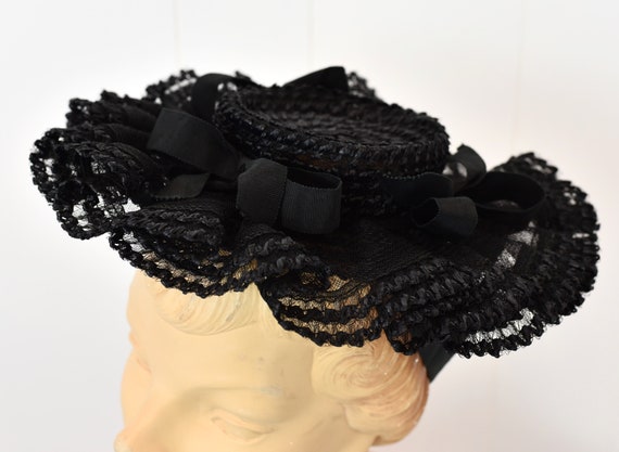 1940s Black Ribbon Bow Straw Tulle New York Creat… - image 4