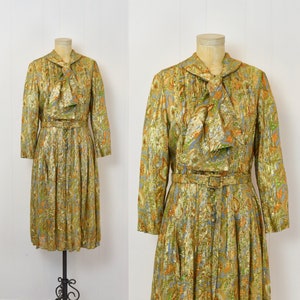 1960s Saks Fifth Avenue Metallic Gold Psychedelic Colorful Paisley Floral Print Chiffon Party Dress with Matching Belt Volup