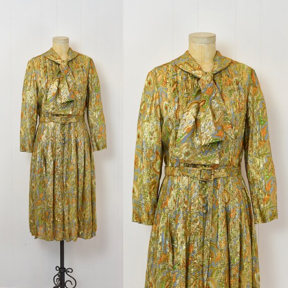 1960s Saks Fifth Avenue Metallic Gold Psychedelic Colorful Paisley Floral  Print Chiffon Party Dress With Matching Belt Volup - Etsy