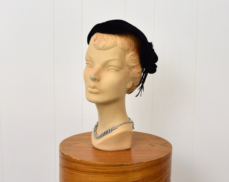 1940s Black Velvet Feathered Hat image 2