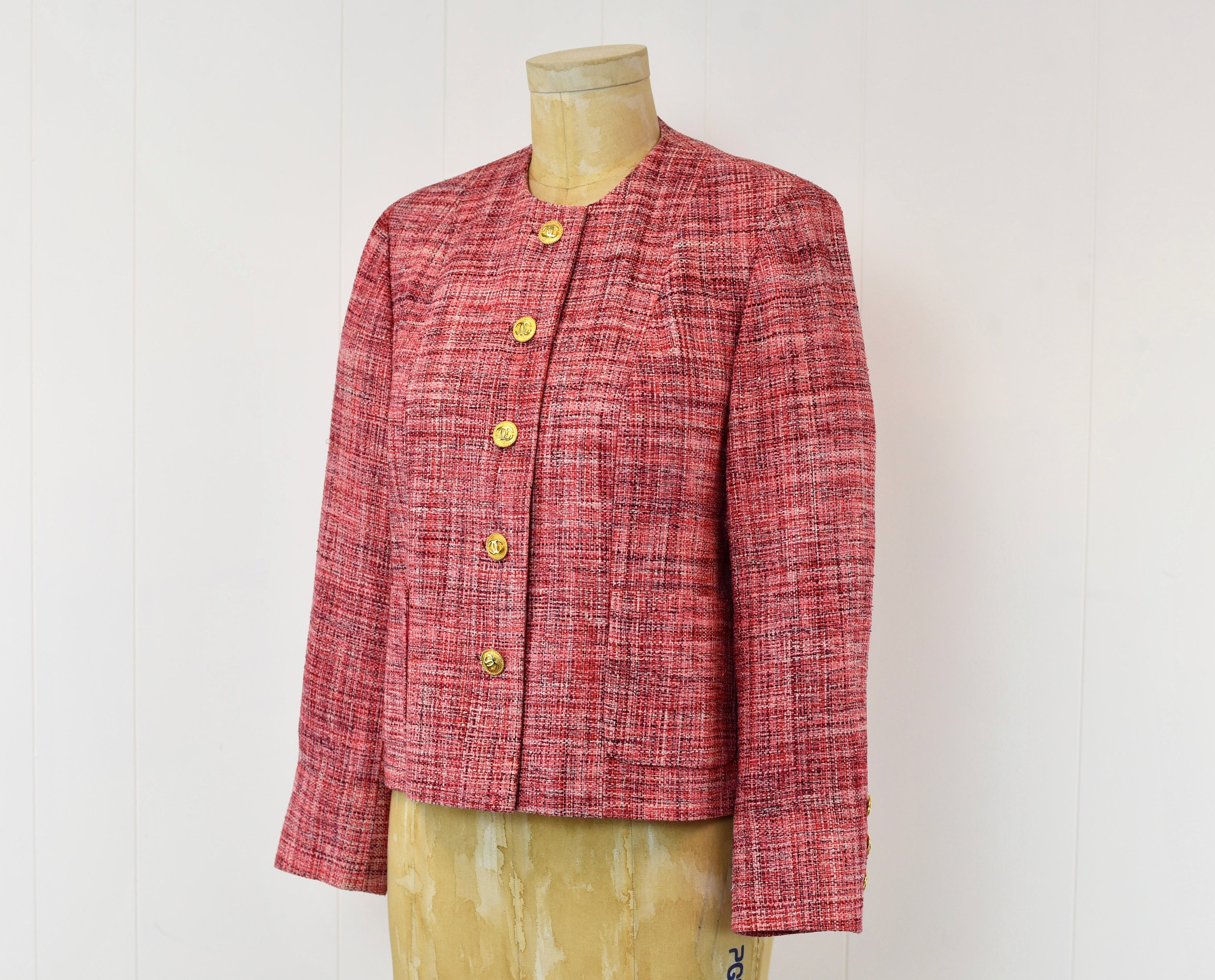 Vintage Chanel Inspired Pink Red Gold Logo Button Jacket - Etsy