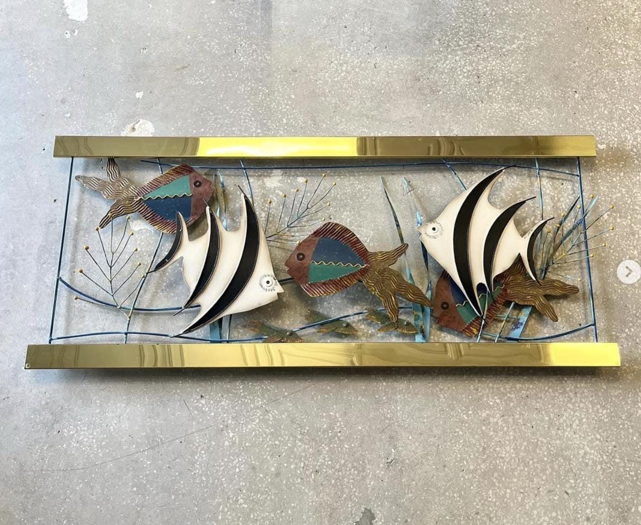 1993 Curtis Jere Fish Aquarium Painted Metal Brass Hanging Wall