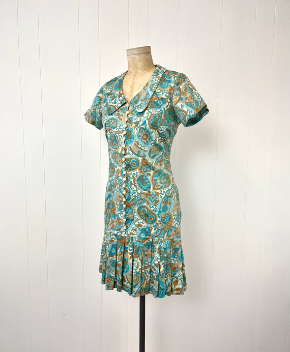 1960s Floral Paisley Blue Brown Pleated Mod Scoot… - image 3