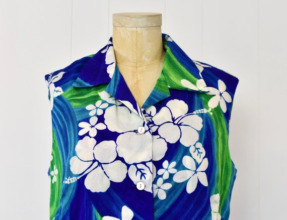 1970s Hawaiian Blue Green Hibiscus Floral Print H… - image 2