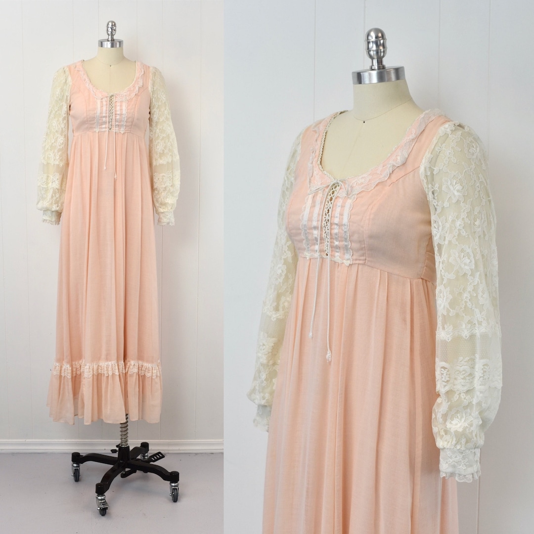 1970s Gunne Sax Pink Pearl Beaded Lace Cottage Core Prairie Maxi Dress ...