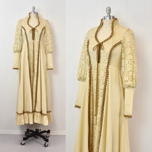 1970s Gunne Sax Jessica McClintock Jute Trim Floral Crochet Lace Cream Corset Lace Up Renaissance Prairie Boho Maxi Dress Gown