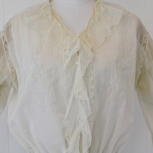 Antique 1900s White Voile Floral Embroidered Blouse image 2