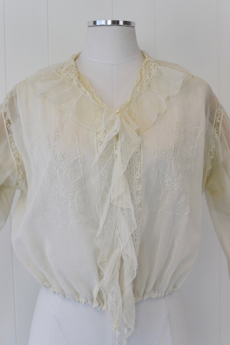 Antique 1900s White Voile Floral Embroidered Blouse image 2
