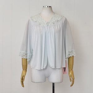 May include: A light blue, sheer, long-sleeved robe with lace trim and a button-up front.