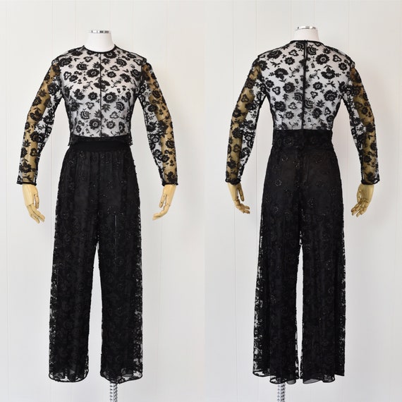 1970s Black Lace Sequined Two Piece Set - image 1