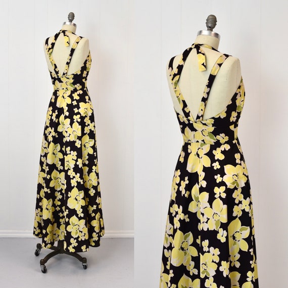 1940s Yellow Floral Black Halter Tie Gown Maxi Dr… - image 4