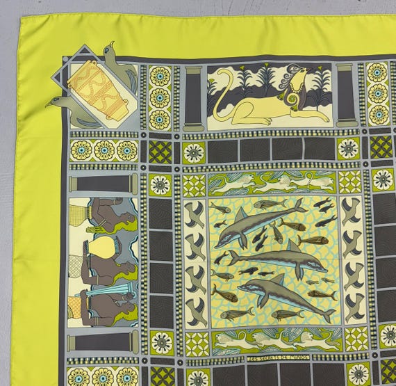 Vintage 2003 Hermes Les Secrets de Minos Greek Mythology Aquatic Sophie Koechlin Neon 90cm Scarf Carré View 4
