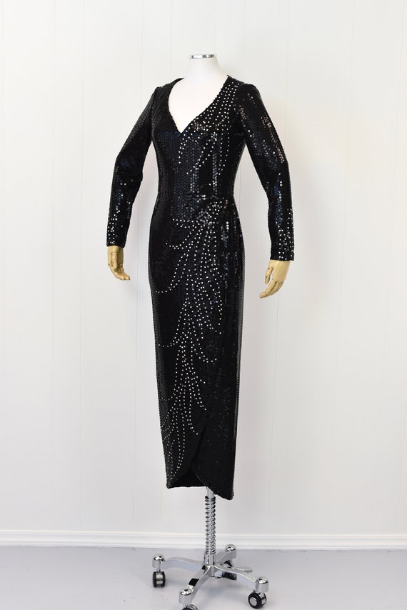 1980s Black Sequin & Rhinestone Rose Taft Gown - image 4