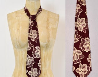 1940s/1950s Maple Leaf Checkerboard Novelty Print Burgundy Red Mens Rockabilly Swing Neck Tie