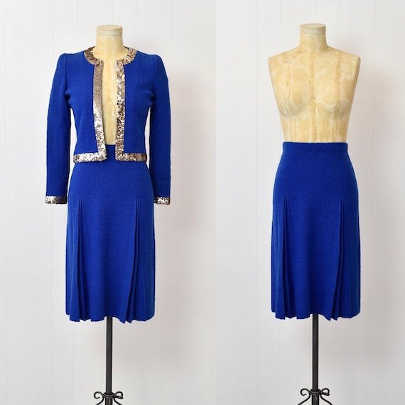 1980s Adolfo Cobalt Royal Blue Sequin Two Piece J… - image 1