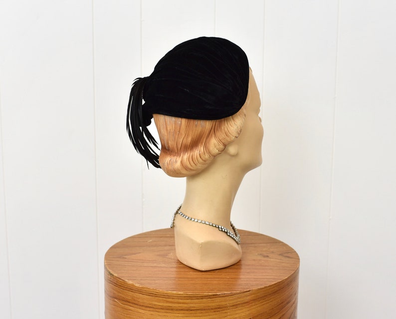 1940s Black Velvet Feathered Hat image 7