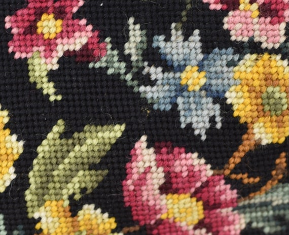 1940s/1950s Black Floral Tapestry Needlepoint Lea… - image 8