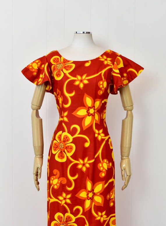 1960s Red & Yellow Hawaiian Floral Tiki Viva Las … - image 2