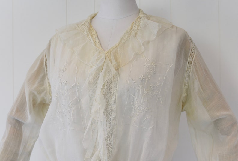 Antique 1900s White Voile Floral Embroidered Blouse image 3