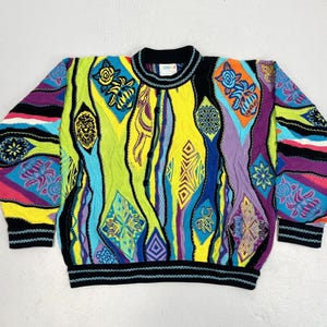 1980s/1990s Coogi Australia Authentic Colorful 3D Crazy V Neck Long Sleeve Cotton Knit Pullover Sweater