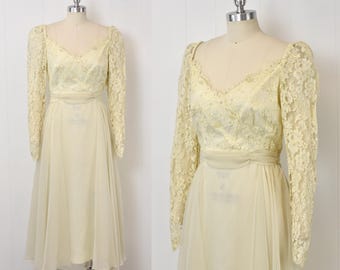 NOS 1980s Bridal Originals Ivory Floral Lace Sequin Pearl Beaded Chiffon Wedding Bridal Dress Gown