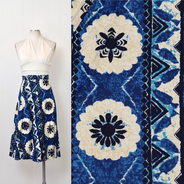 1970s Blue Hawaiian Palm Floral Tiki Cotton Wrap Skirt