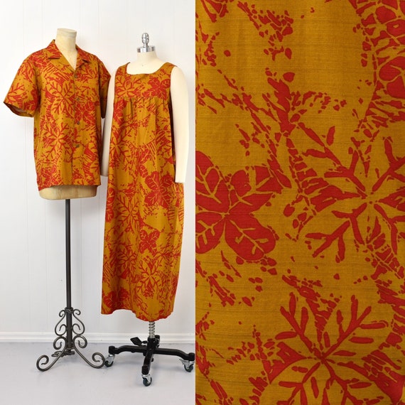 1960s/1970s Hawaiian Brown Mustard Red Floral Lea… - image 1