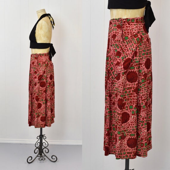 1940s Pink Red Floral Novelty Print Rayon Skirt V… - image 4