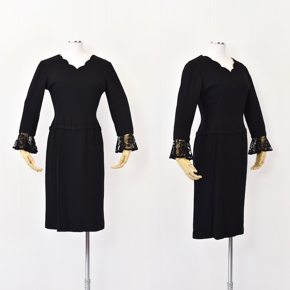 1950s Black Dress with Removable Lace Cuffs - image 1